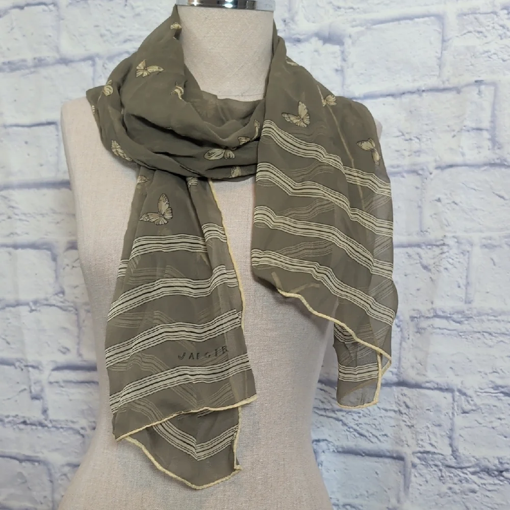 Jaeger Vintage Olive Green Butterfly Scarf